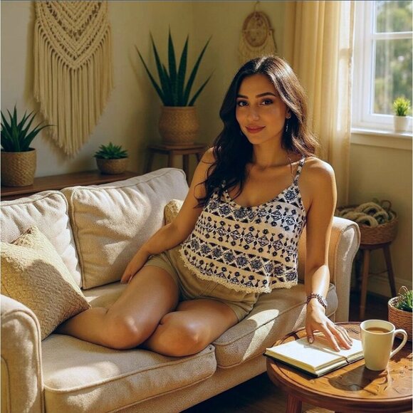 Charlotte Russe ✦ Sleeveless Boho Crop Top ✦ Navy Geometric Print & Lace Hem M - Picture 10 of 13